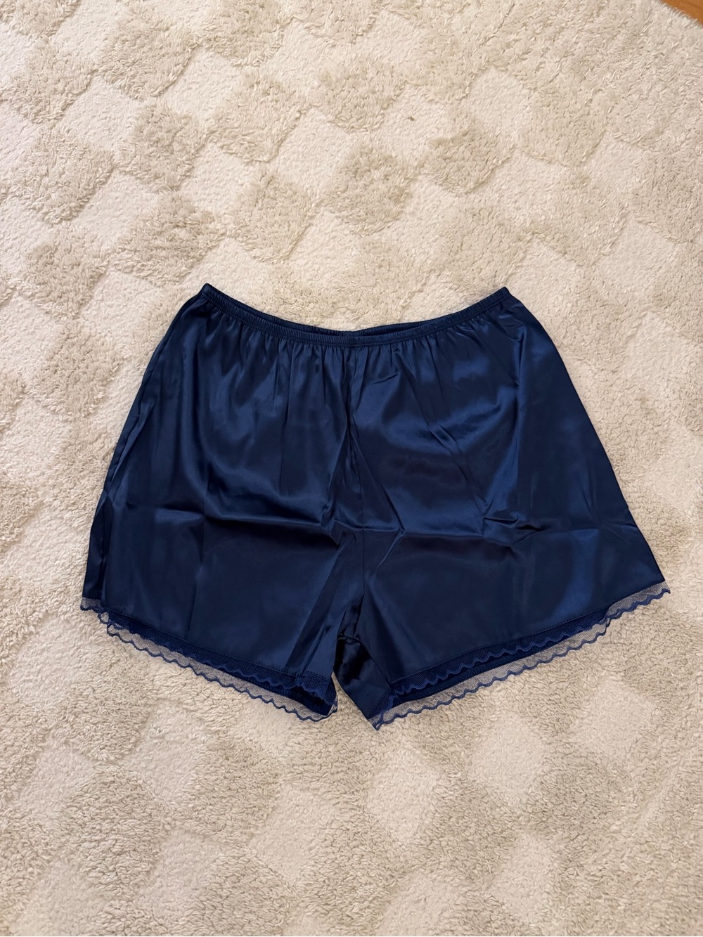 Navy Satin Shorts with Lace Trim